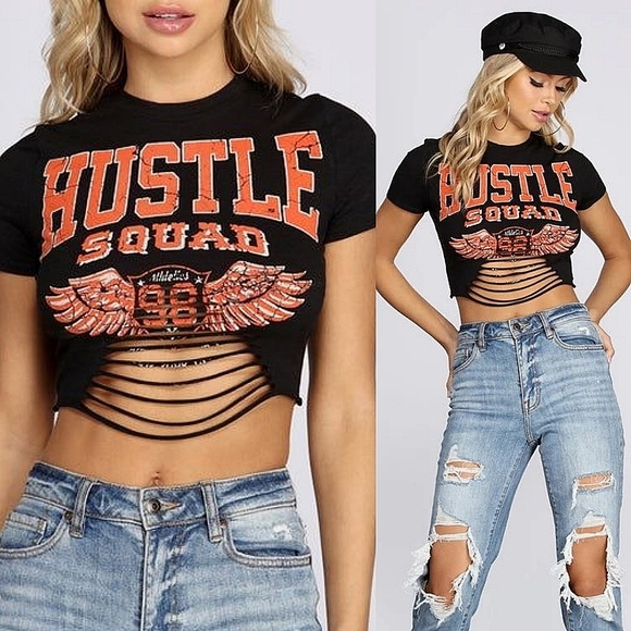 Windsor Tops - ❤️Windsor Hustle Squad Distressed Crop Top☆